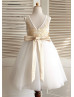 Champagne Lace Ivory Tulle Knee Length Flower Girl Dress